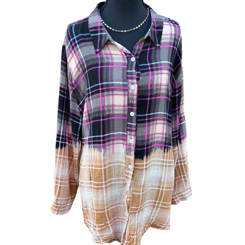 Reworked Boho Jane Saved by Grace Bleached Plaid Flannel Shirt Medium - Picture 3 of 6